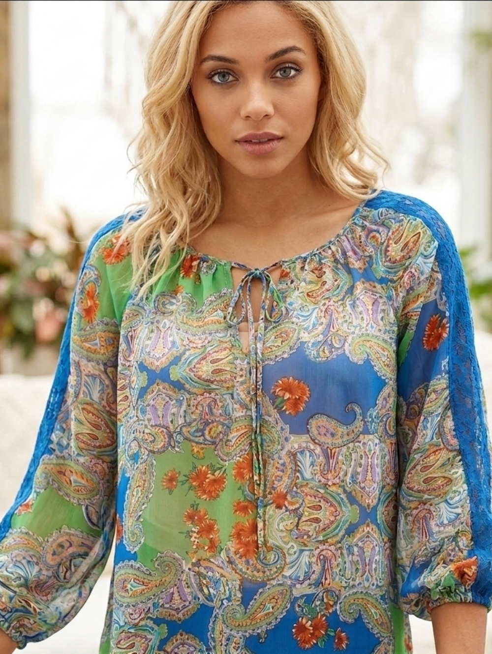 Sunny Leigh - Royal Blue & Green  Boho Paisley Printed Sheer Blouse - SZ XSSunny